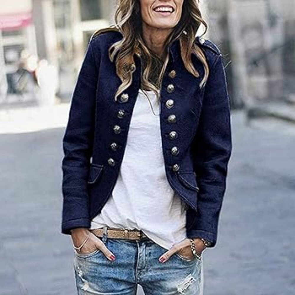 Military Style Navy Blue Open Blazer With Silver Buttons